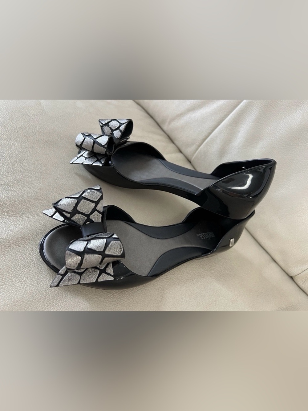 Melissa Black Flats with Silver Textured Bow, size 6